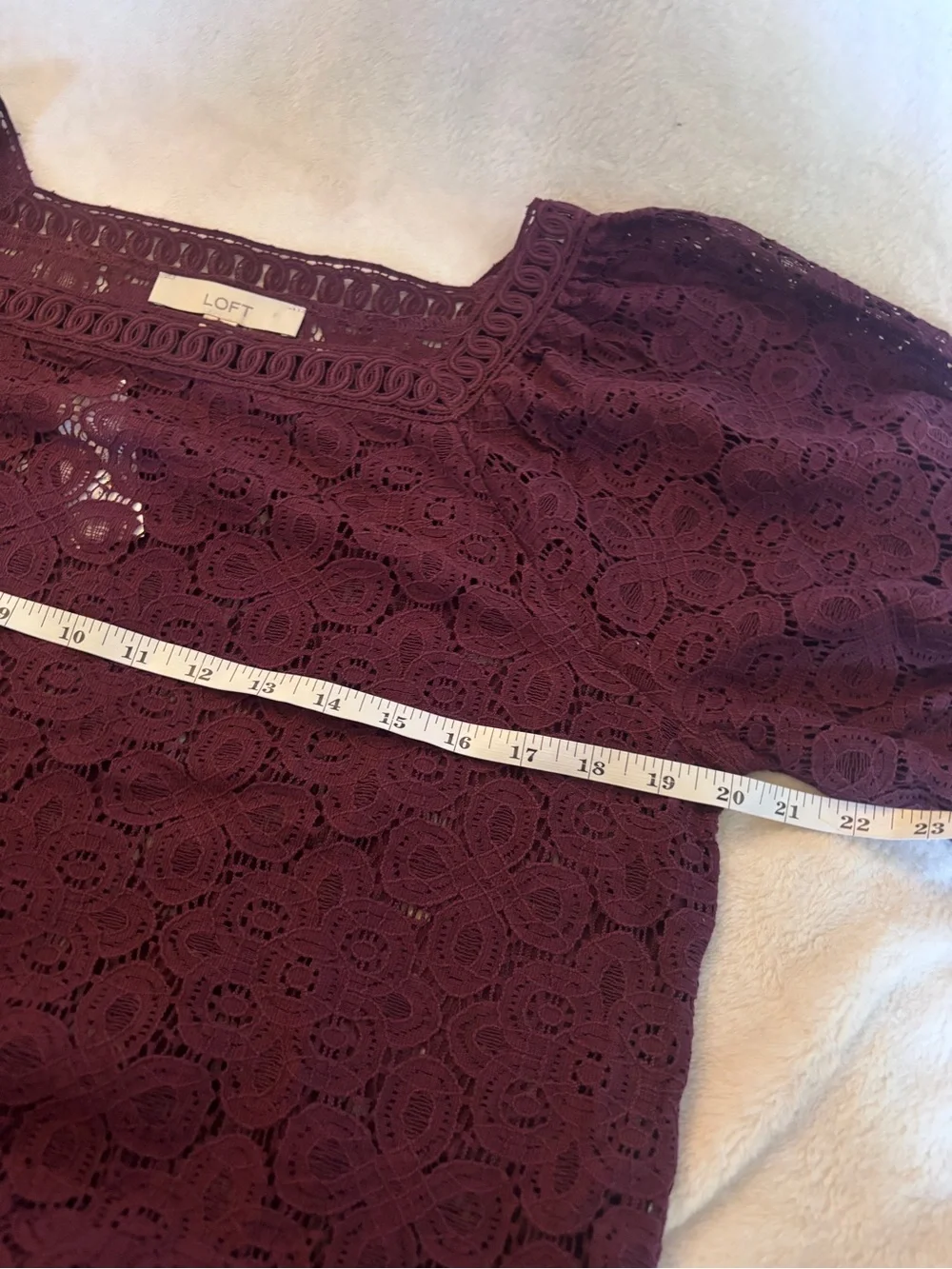 NWT LOFT Plum Lace Blouse Medium Square Neck Crochet Eyelet Puff Sleeve Top